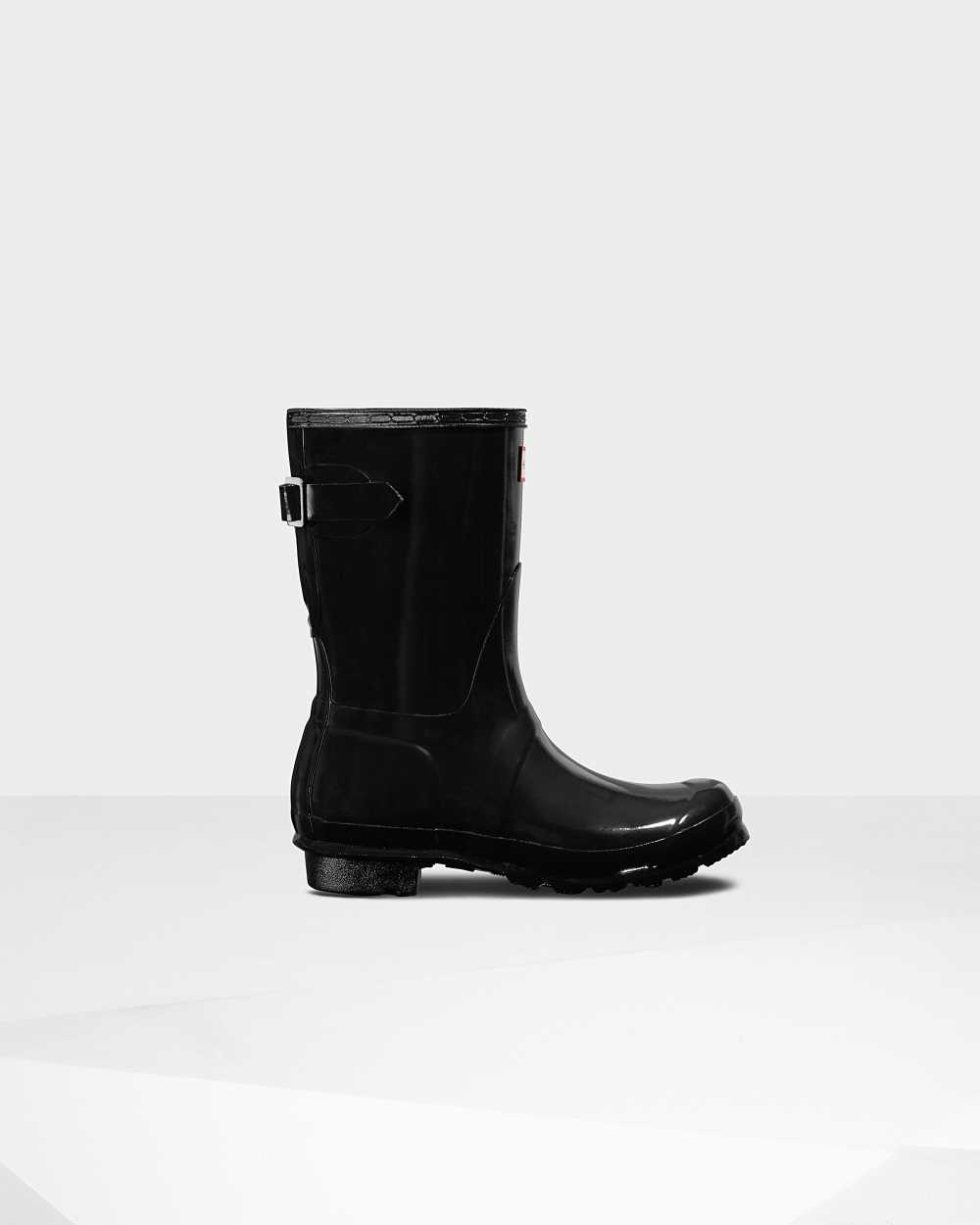 Botas De Agua Mujer - Hunter Original Short Back Adjustable Gloss Negras - DVYXSQ-683 - Negras